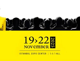 Model in yellow sunglasses and turtleneck standing out from crowd at SILMO Istanbul 2025, November 19-22