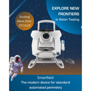 OCULUS Smartfield perimeter device in space-themed promotional image with astronaut, starry background, and text "Explore New Frontiers in Vision Testing"