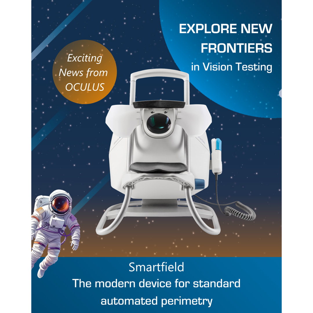 OCULUS Smartfield perimeter device in space-themed promotional image with astronaut, starry background, and text "Explore New Frontiers in Vision Testing"