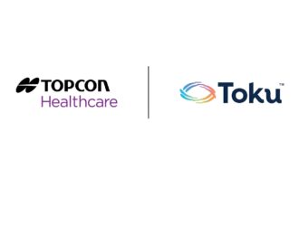 Logos des entreprises Topcon Healthcare et Toku côte à côte, séparés par une ligne verticale, représentant le partenariat d'acquisition entre les deux sociétés de technologie médicale