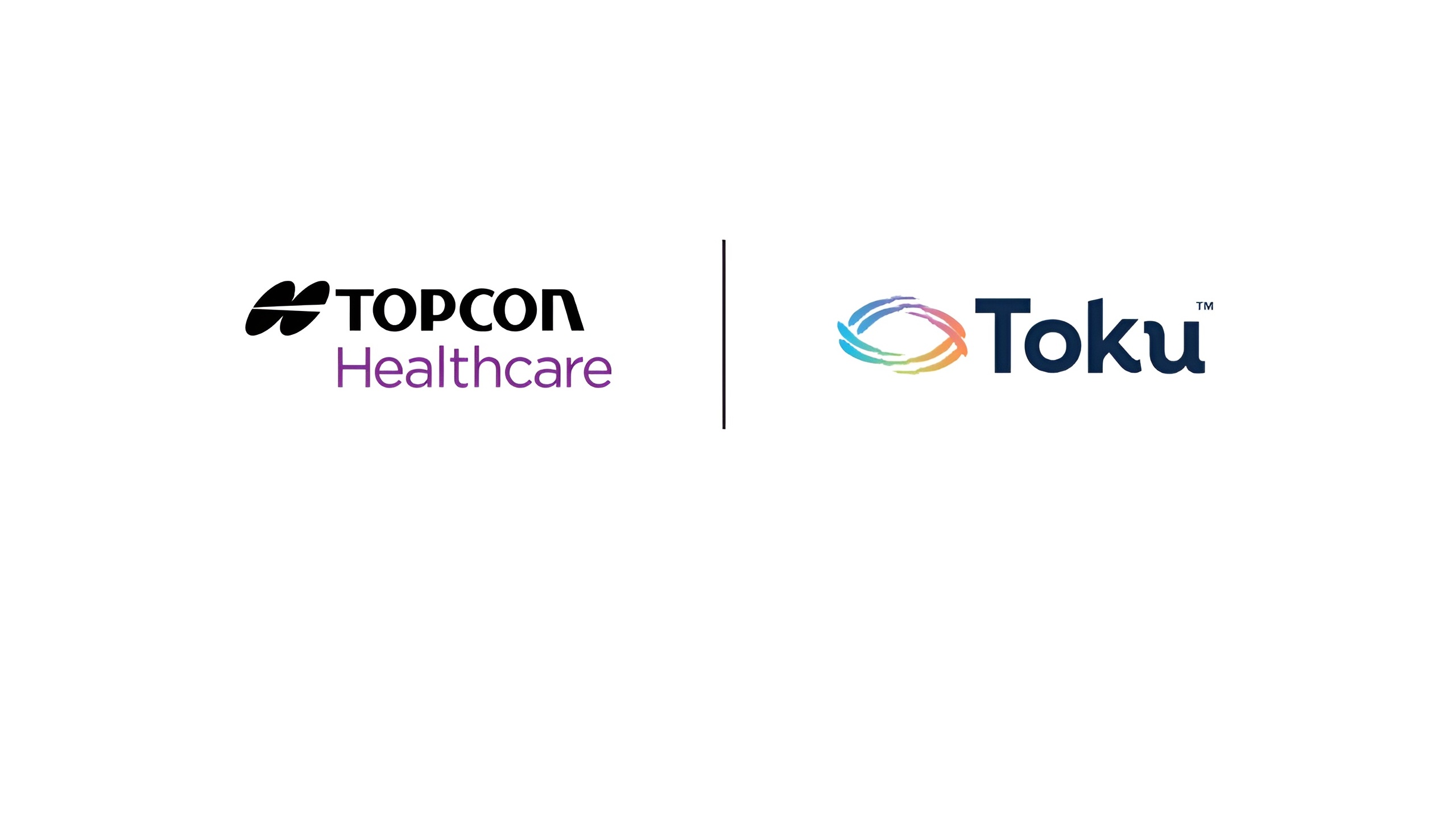 Logos des entreprises Topcon Healthcare et Toku côte à côte, séparés par une ligne verticale, représentant le partenariat d'acquisition entre les deux sociétés de technologie médicale