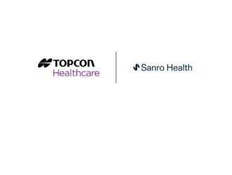 Partnership announcement image showing Topcon Healthcare logo on the left and Sanro Health logo on the right, divided by a vertical line