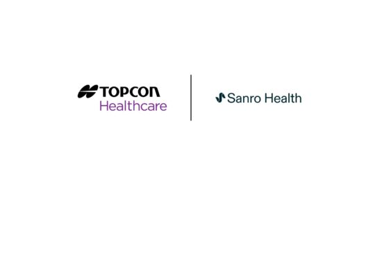 Partnership announcement image showing Topcon Healthcare logo on the left and Sanro Health logo on the right, divided by a vertical line