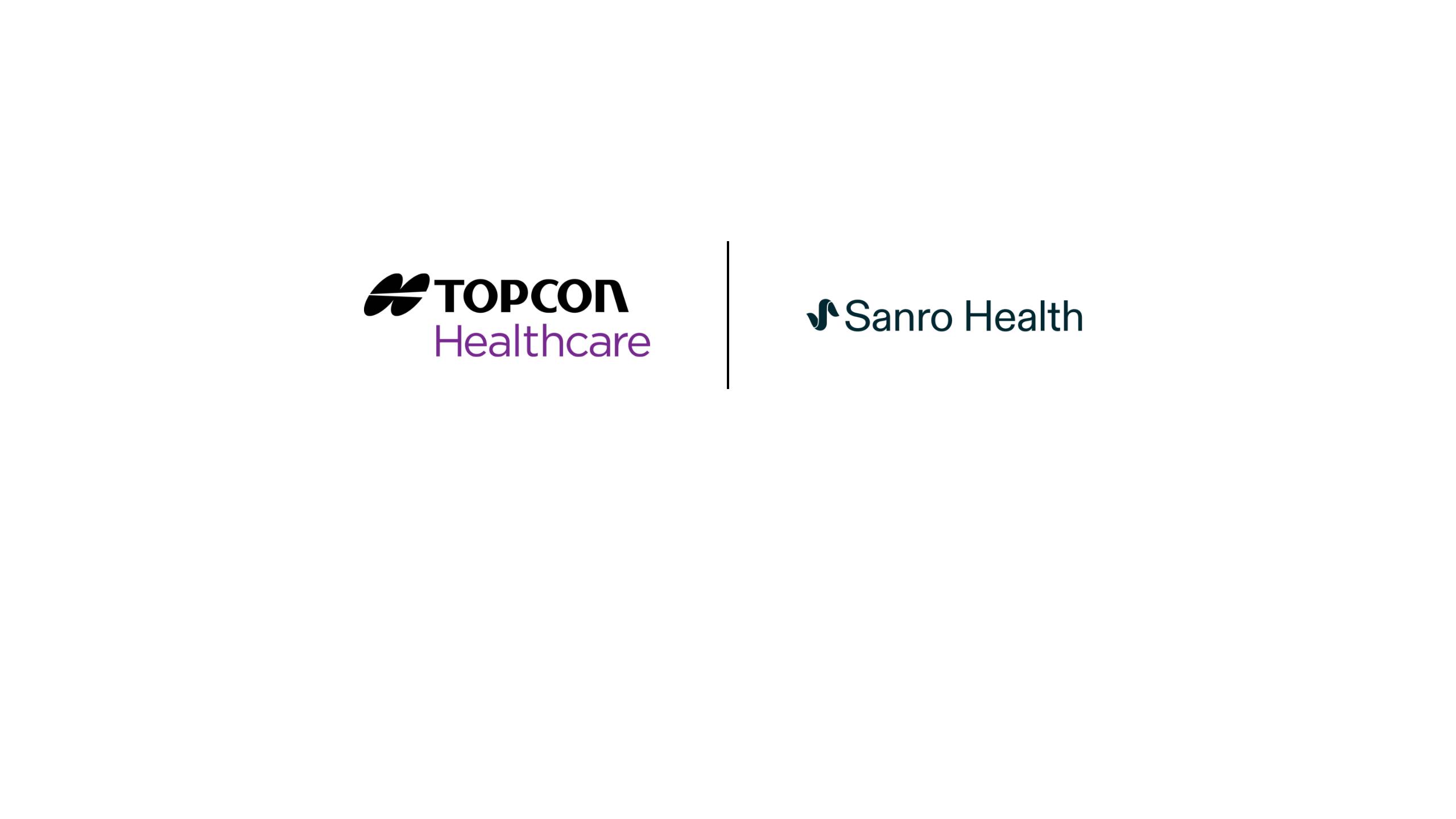 Partnership announcement image showing Topcon Healthcare logo on the left and Sanro Health logo on the right, divided by a vertical line