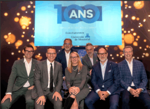 Photo de groupe des représentants d'EssilorLuxottica et de l'École d'optométrie de l'Université de Montréal célébrant le partenariat à l'occasion du 100e anniversaire