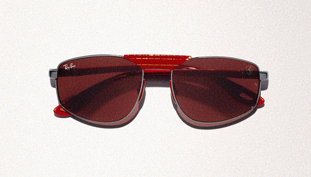 Front view of Ray-Ban for Scuderia Ferrari Las Vegas Special Edition sunglasses featuring square frames with red sweat-bar detail and gradient lenses