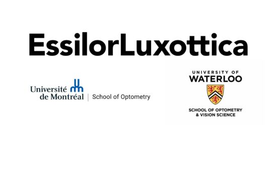 EssilorLuxottica partnership logos with Université de Montréal School of Optometry and University of Waterloo School of Optometry and Vision Science