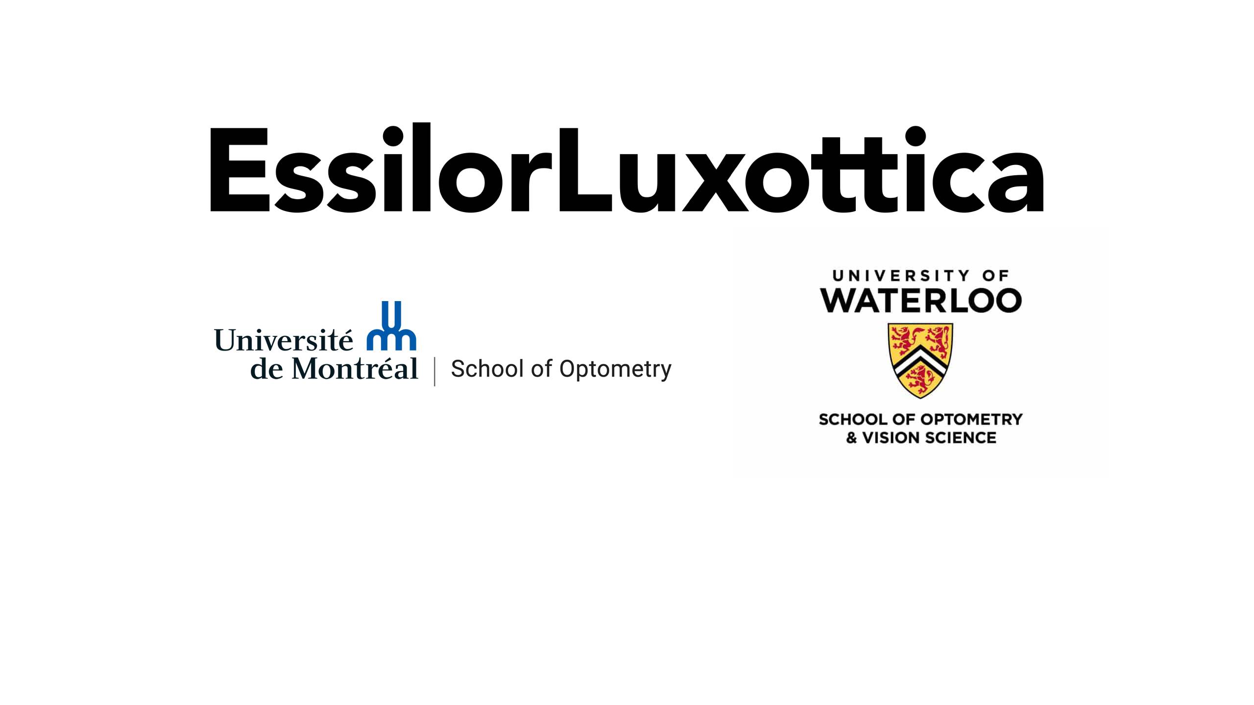 EssilorLuxottica partnership logos with Université de Montréal School of Optometry and University of Waterloo School of Optometry and Vision Science