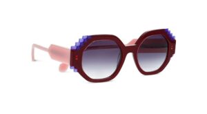 FACE A FACE FIZZ sunglasses in burgundy red with translucent pink temples and blue pixelated stepped detailing on round frames