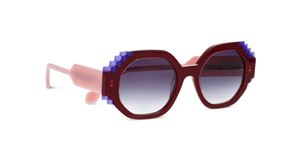FACE A FACE FIZZ sunglasses in burgundy red with translucent pink temples and blue pixelated stepped detailing on round frames