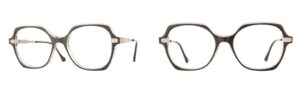 Lunettes LOOK géométriques marron vues de face et de profil.