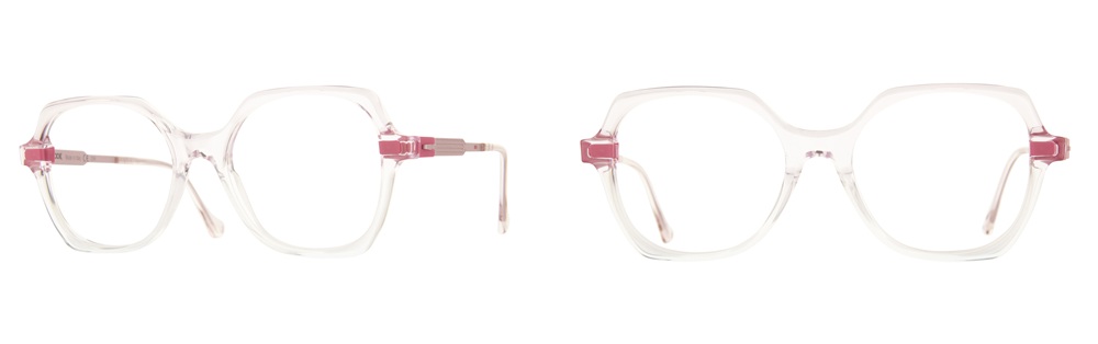 Lunettes LOOK transparentes avec accents roses sur les branches, vues de face et de profil