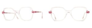 LOOKKINO 3935 kids' eyeglasses in clear acetate with pink NIL endpieces showing front and side profile views