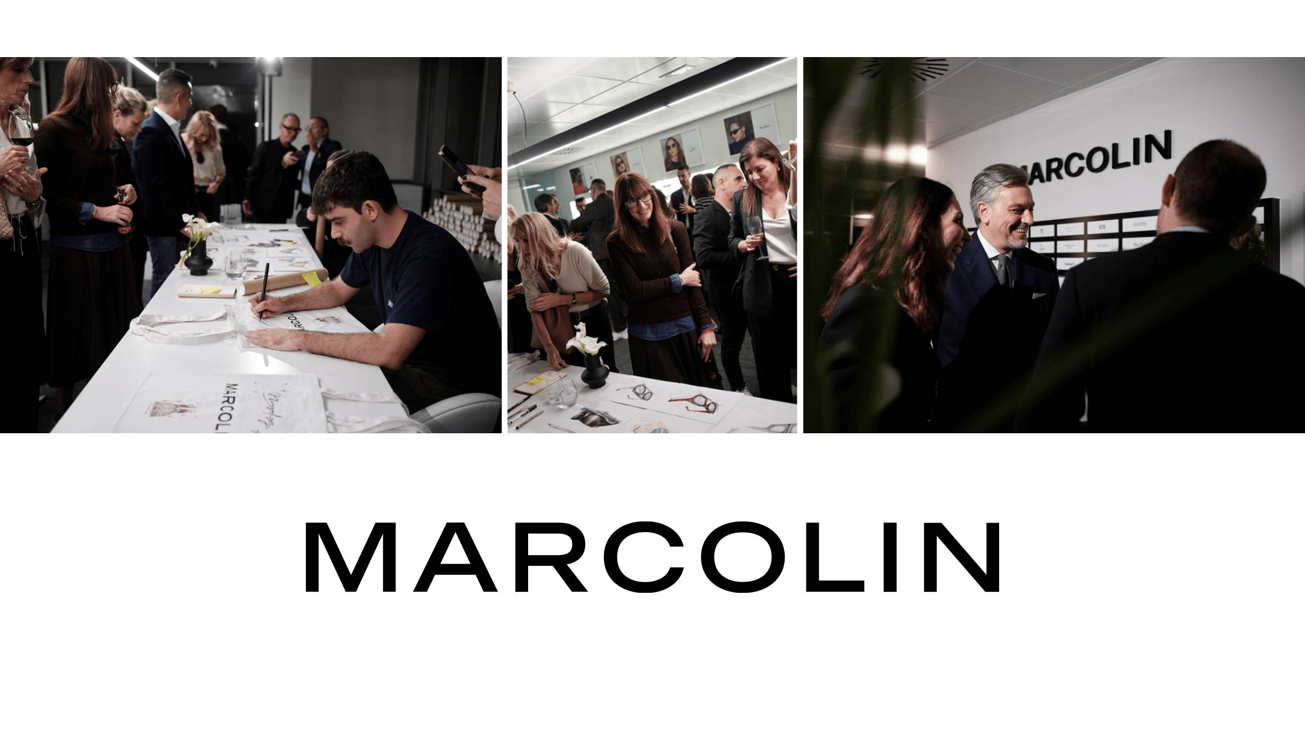 Image 1: "Événement d'inauguration du showroom Marcolin à Barcelone avec invités découvrant les illustrations de l'artiste