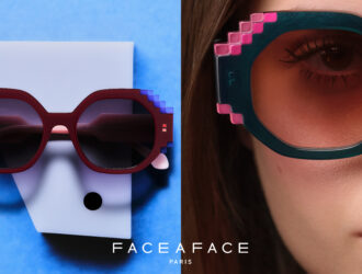 FACE A FACE FIZZ sunglasses featuring pixelated stepped details in burgundy red with pink accents on blue background, and model wearing teal FIZZ frame with pink pixel design
