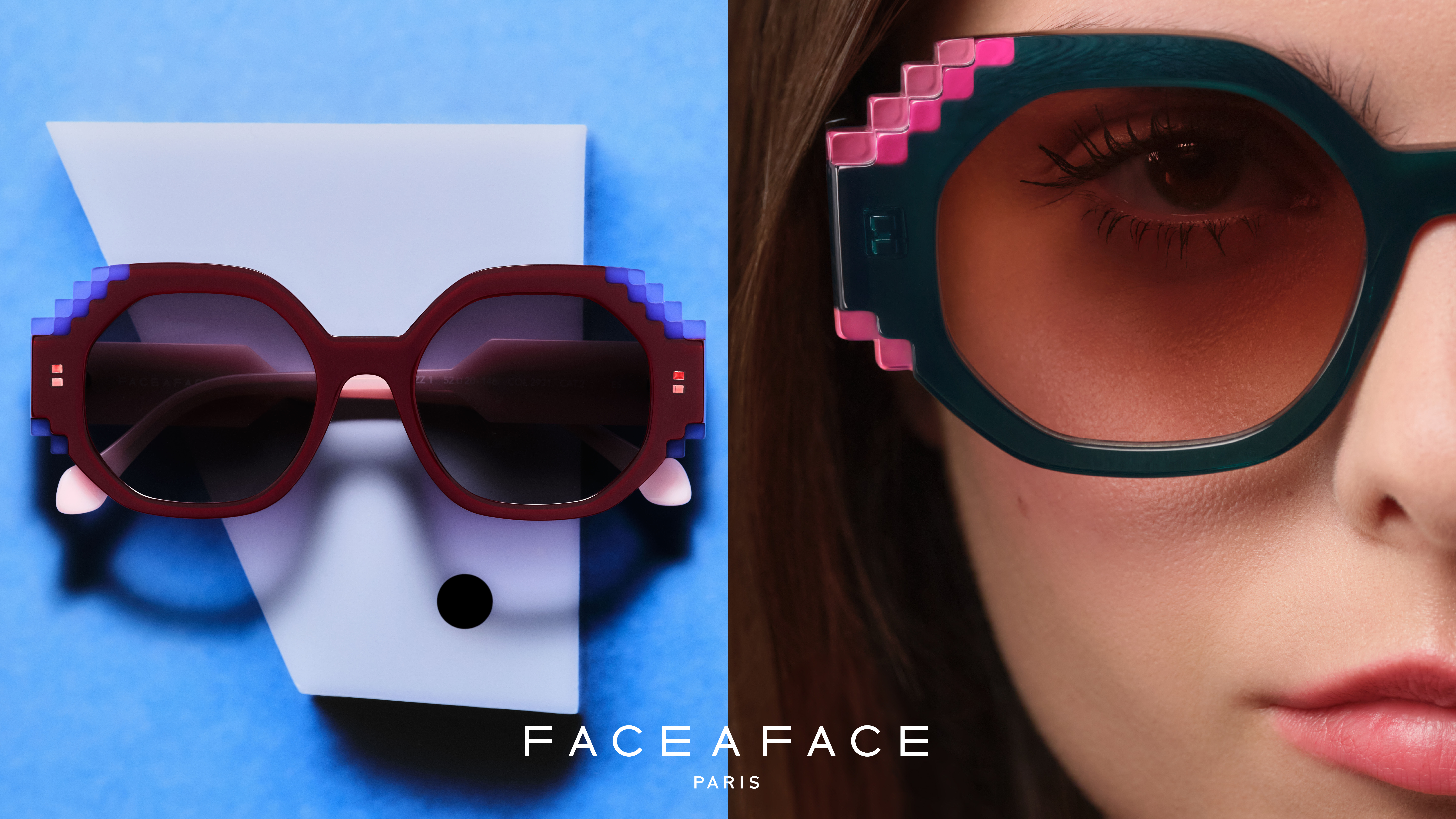 FACE A FACE FIZZ sunglasses featuring pixelated stepped details in burgundy red with pink accents on blue background, and model wearing teal FIZZ frame with pink pixel design