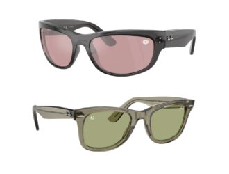 "Deux lunettes de soleil Ray-Ban de la collection Star Wars : Balorama noires avec verres dégradés roses en haut, et Wayfarer transparentes vert sauge avec verres verts en bas