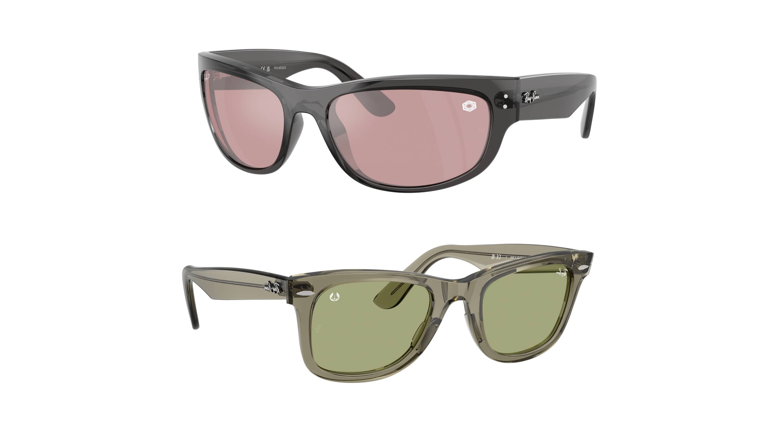 "Deux lunettes de soleil Ray-Ban de la collection Star Wars : Balorama noires avec verres dégradés roses en haut, et Wayfarer transparentes vert sauge avec verres verts en bas