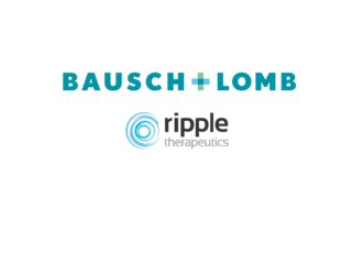 Here's appropriate alt text for this image: "Bausch + Lomb and Ripple Therapeutics company logos displayed together, indicating a partnership between the two ophthalmic companies
