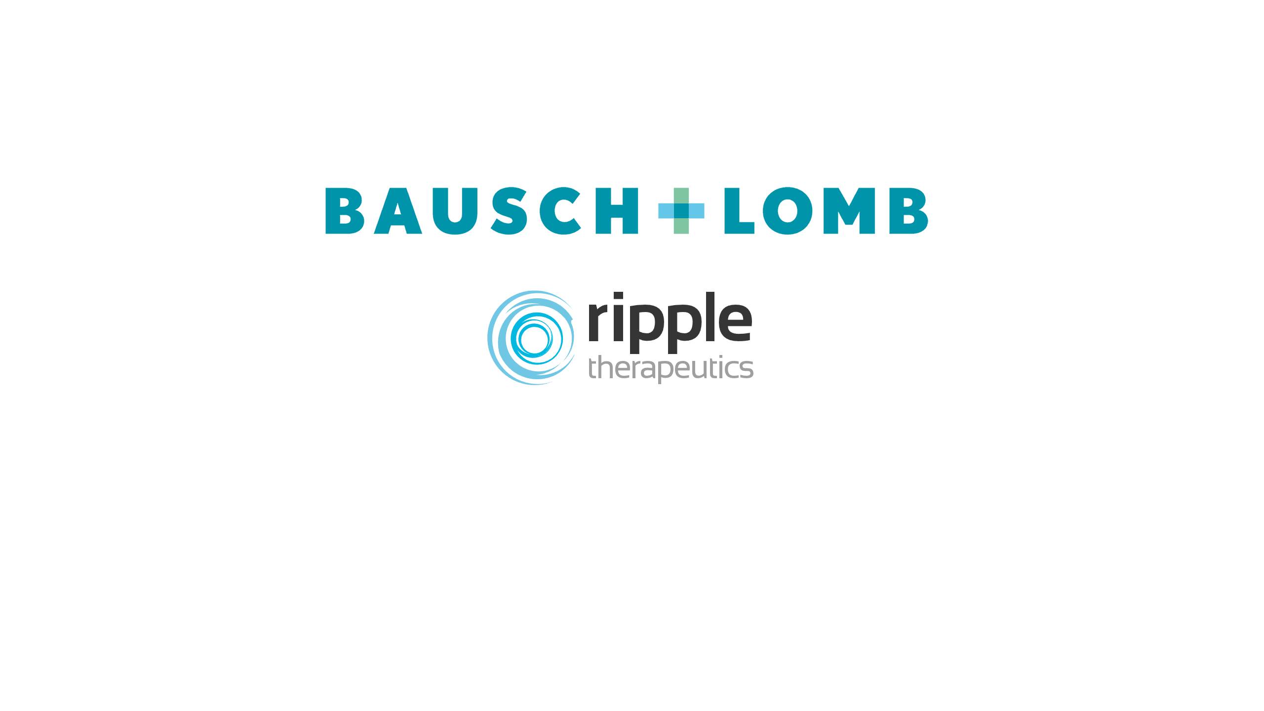Here's appropriate alt text for this image: "Bausch + Lomb and Ripple Therapeutics company logos displayed together, indicating a partnership between the two ophthalmic companies