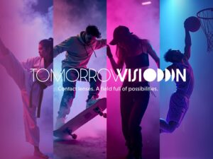 TOMORROW VISION logo over a four-panel split image showing athletes in motion: dancer, skateboarder, basketball player, and martial artist in vibrant pink and blue lighting