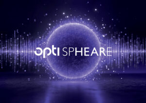 opti SPHEARE logo displayed against a purple and blue gradient background with sound wave visualization and particle sphere effect