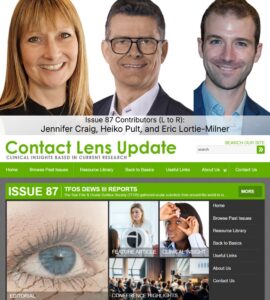 Trois photos professionnelles montrant les contributeurs du numéro 87 Jennifer Craig, Heiko Pult et Eric Lortie-Milner, au-dessus du logo Contact Lens Update et de la navigation du site Web, avec des sections intitulées Éditorial, Article vedette, Aperçu clinique et Points saillants de conférence