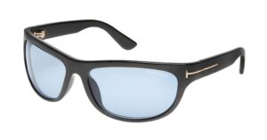 TOM FORD Anders FT1363 wraparound sunglasses in black with blue lenses and gold T logo