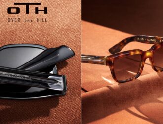 OTH Over the Hill eyewear collection showing black sunglasses with detailed metal temple design and tortoiseshell sunglasses with transparent temples on textured coral fabric