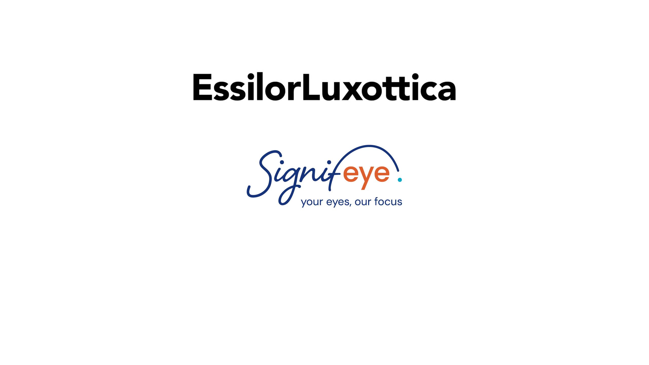 Logos des entreprises EssilorLuxottica et Signifeye avec le slogan 'your eyes, our focus