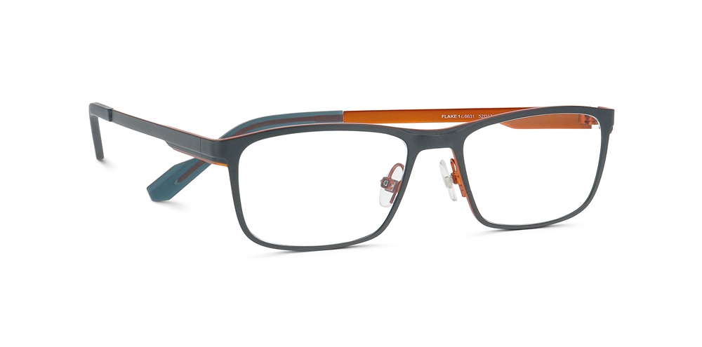 ProDesign FLAKE eyeglasses with wraparound stainless steel frame in teal and orange colorway