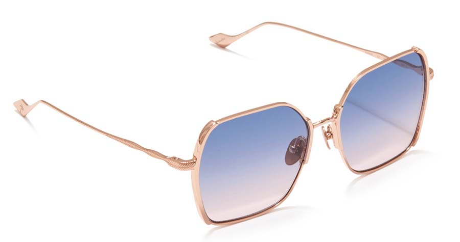 Rose gold geometric sunglasses with blue gradient lenses and textured temple detailing