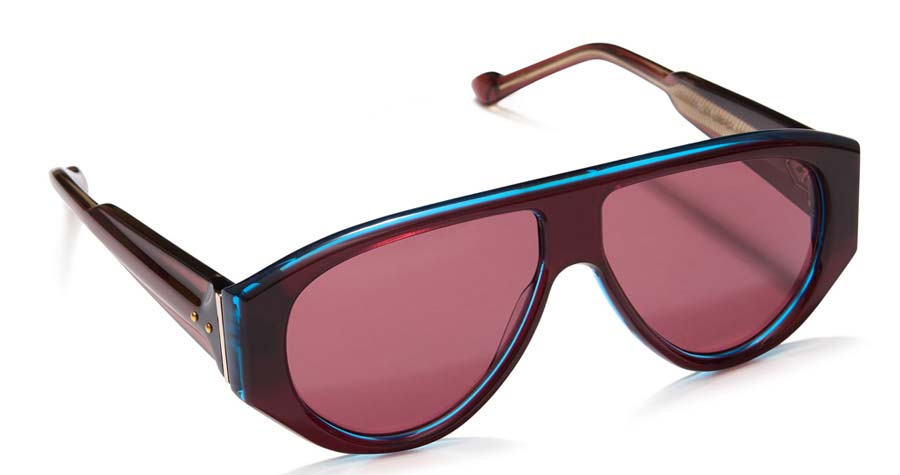 Lunettes de soleil aviateur surdimensionnées à dessus plat bordeaux et sarcelle avec verres teintés chauds et branches épaisses en acétate