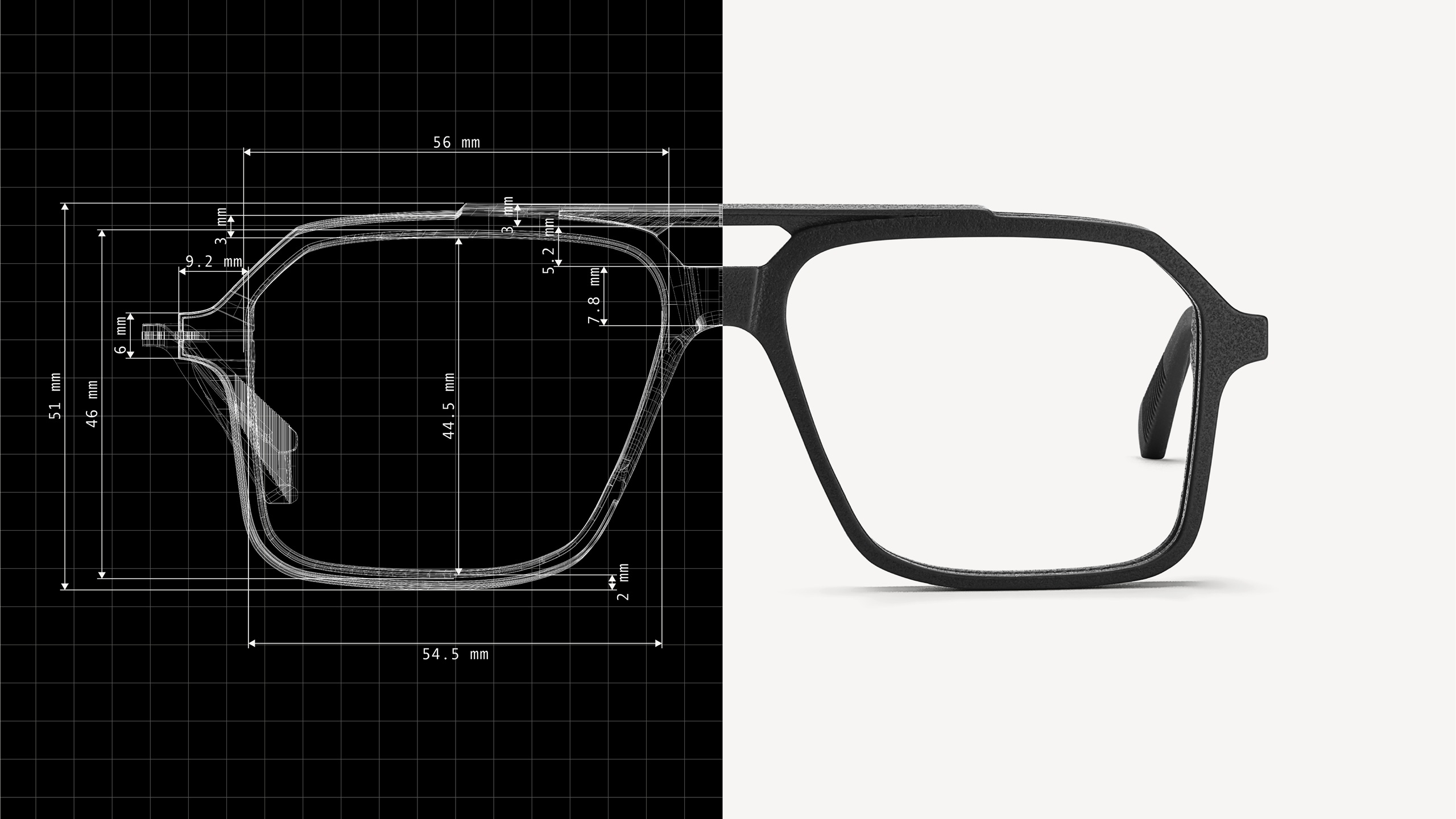 Plan technique et vue latérale des lunettes NIRVAN JAVAN ZURICH montrant les mesures précises et le système de charnière sans vis