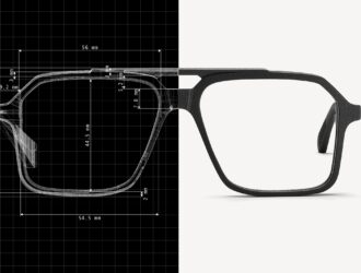 Technical blueprint and side view of NIRVAN JAVAN ZURICH eyeglasses showing precise measurements and screwless hinge system design