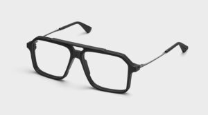 NIRVAN JAVAN ZURICH collection black square aviator eyeglasses with 3D-printed frame and stainless steel temples on light background