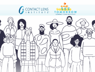 Page de couverture du rapport du Contact Lens Institute intitulé 'Shifting Focus: Generational Perspectives of Contact Lenses & Eye Care, automne 2025' avec illustration d'un groupe diversifié de personnes