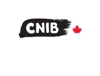 CNIB logo featuring white letters on a black brushstroke background with a red Canadian maple leaf