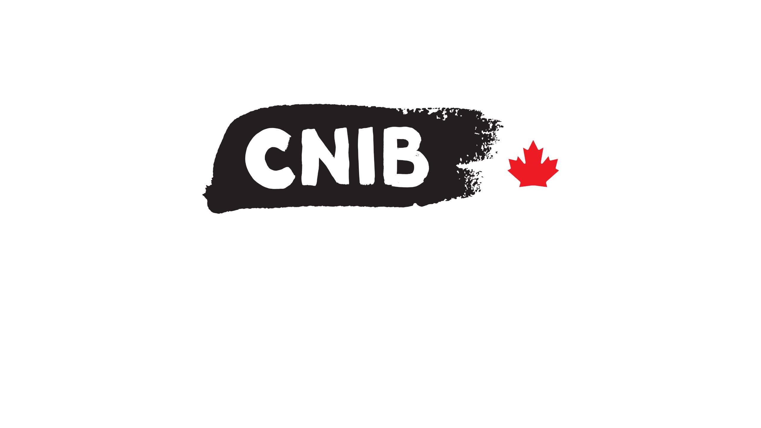 CNIB logo featuring white letters on a black brushstroke background with a red Canadian maple leaf