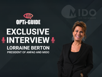 Portrait of Lorraine Berton, President of ANFAO and MIDO, on a promotional poster for an exclusive interview with Opti-Guide