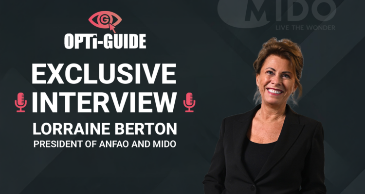 Portrait of Lorraine Berton, President of ANFAO and MIDO, on a promotional poster for an exclusive interview with Opti-Guide