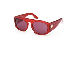 Red translucent sunglasses with dolphin emblem detail