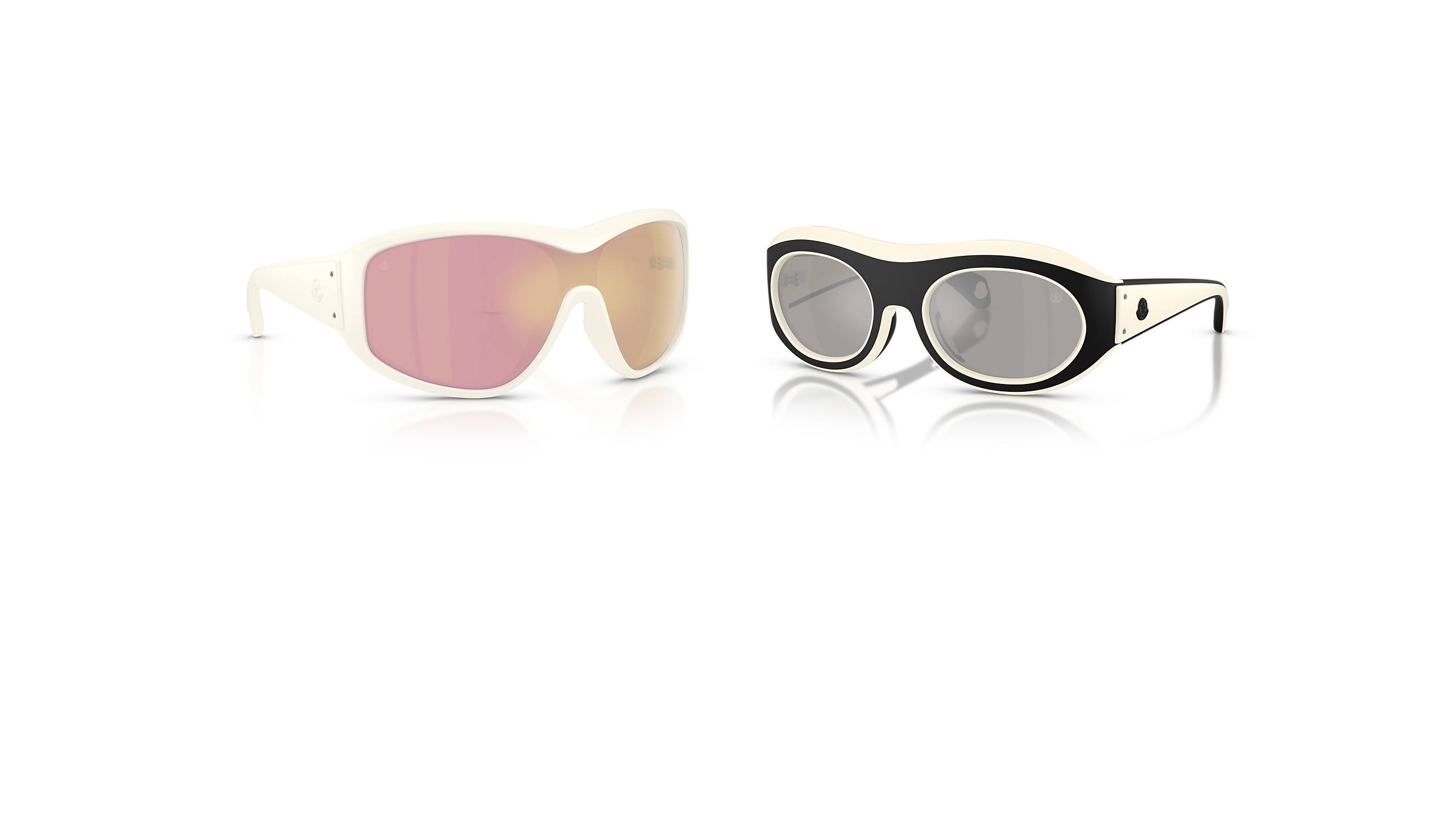Moncler sunglasses collection featuring cream shield style with pink mirrored lenses and black-and-white oval frame