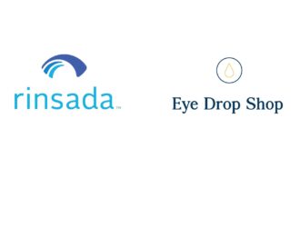 Logo Rinsada avec design de vague bleue à côté du logo Eye Drop Shop avec icône de goutte