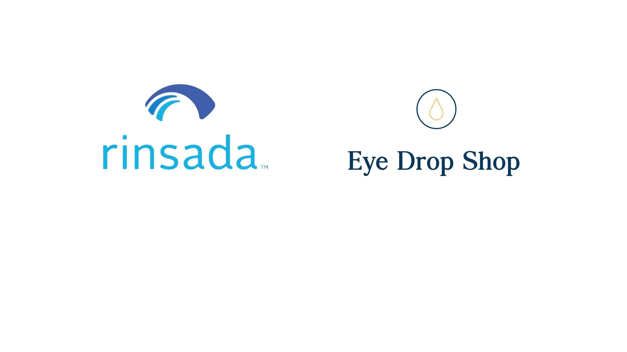 Logo Rinsada avec design de vague bleue à côté du logo Eye Drop Shop avec icône de goutte