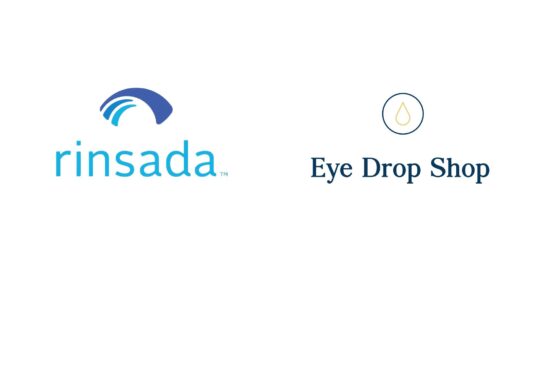 Rinsada logo with blue wave design alongside Eye Drop Shop logo with droplet icon