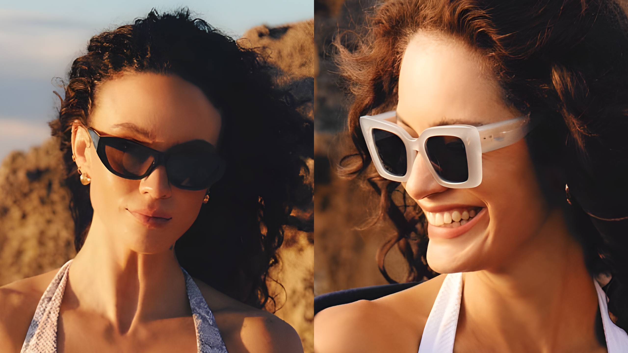 Deux femmes portant des lunettes de soleil Sunday Somewhere en extérieur à l'heure dorée, l'une avec une monture œil-de-chat noire et l'autre avec une monture carrée blanche