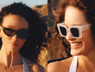 Two women wearing Sunday Somewhere sunglasses outdoors at golden hour, one in black cat-eye frames and one in white square frames