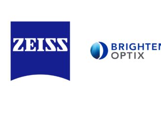 ZEISS logo featuring white text on a blue shield background alongside the Brighten Optix logo with a blue and cyan spherical icon and text