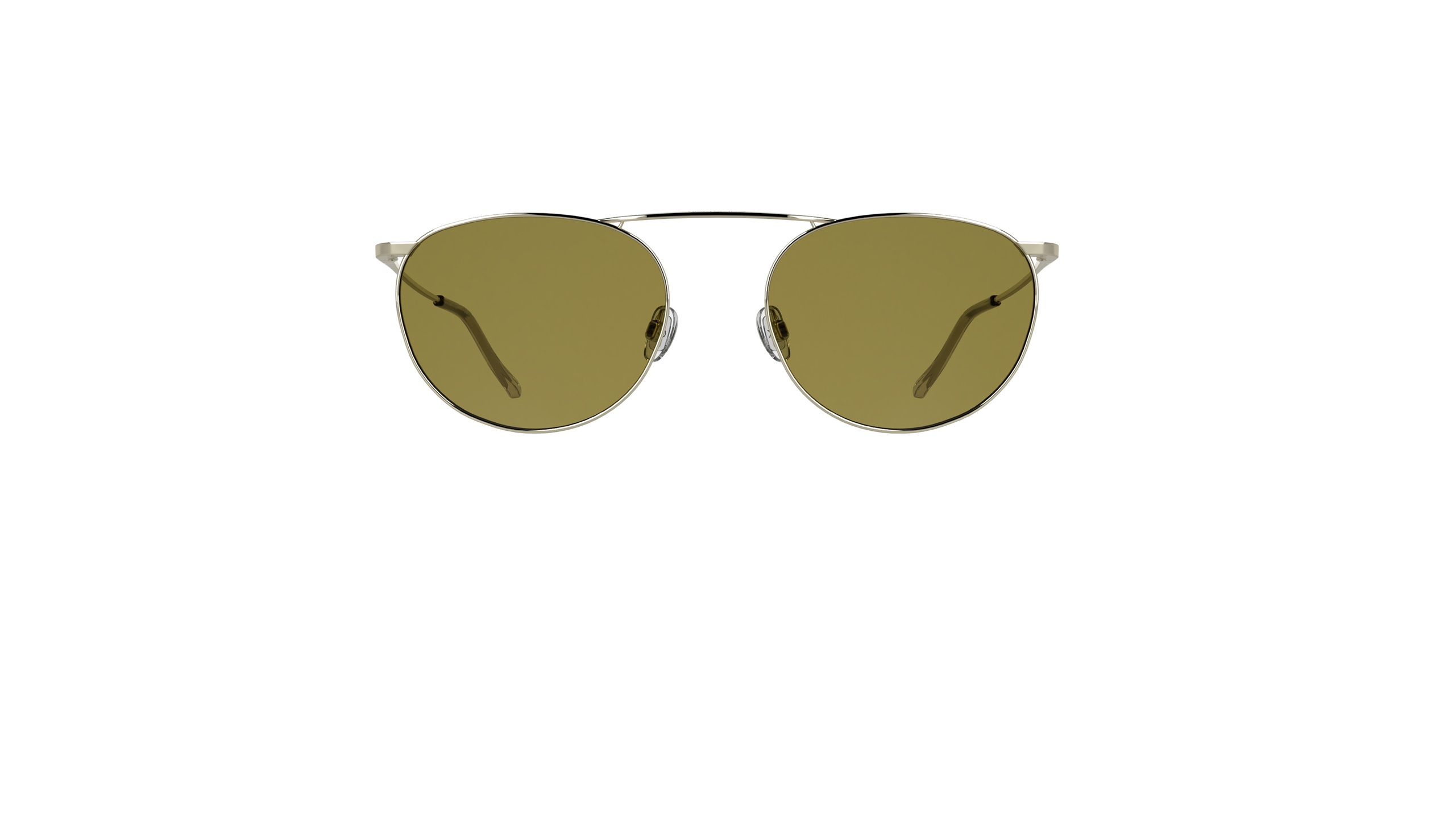 Une vue de face des lunettes de soleil Calvin Klein CK26106ST, présentant une monture minimaliste en titane de forme arrondie avec un pont surélevé distinctif et des verres teintés.